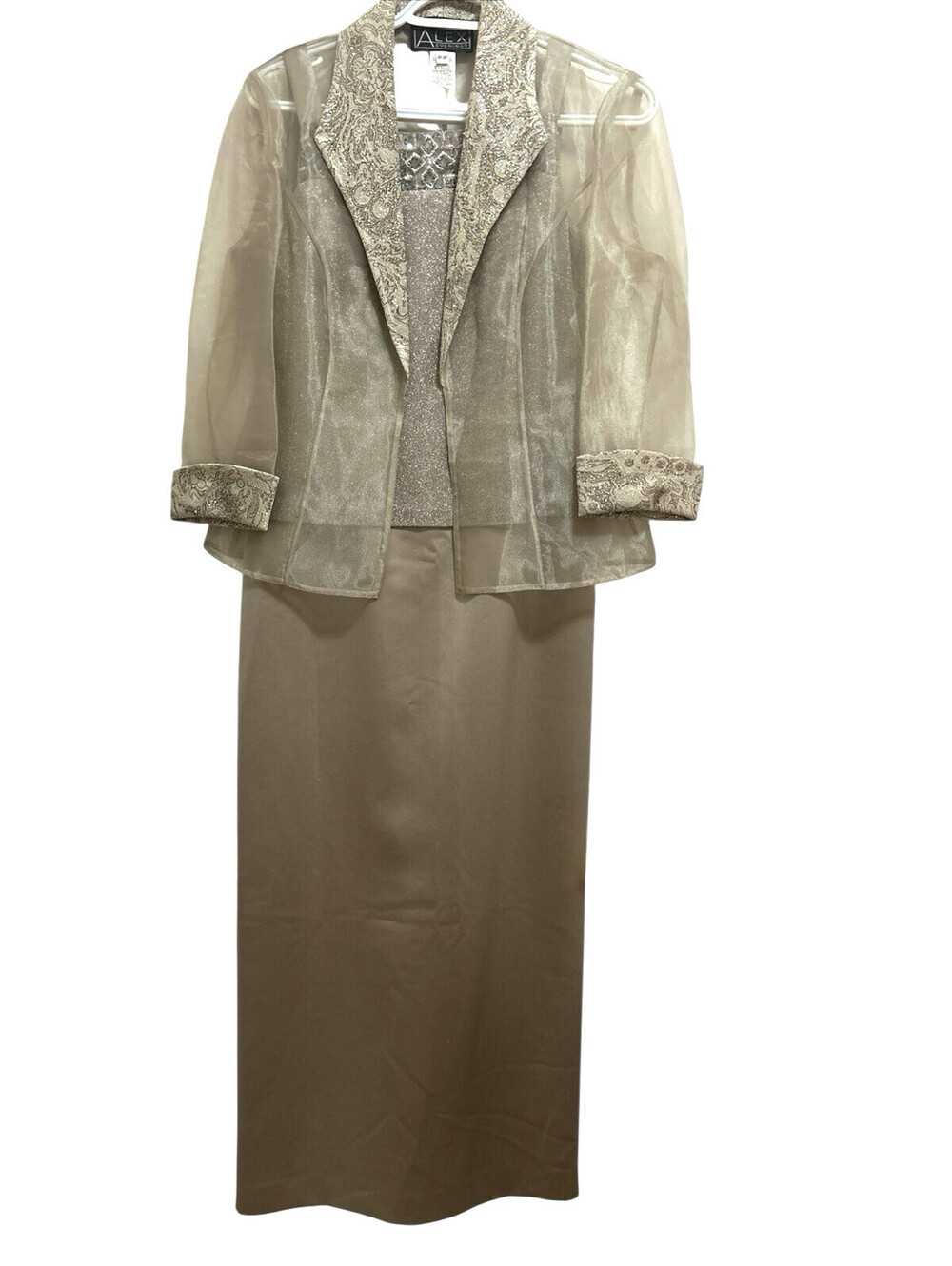 Alex Evening 4P Gold Jacket Satin Dress Mother of Bride 3/4 Slv Beaded Flaw